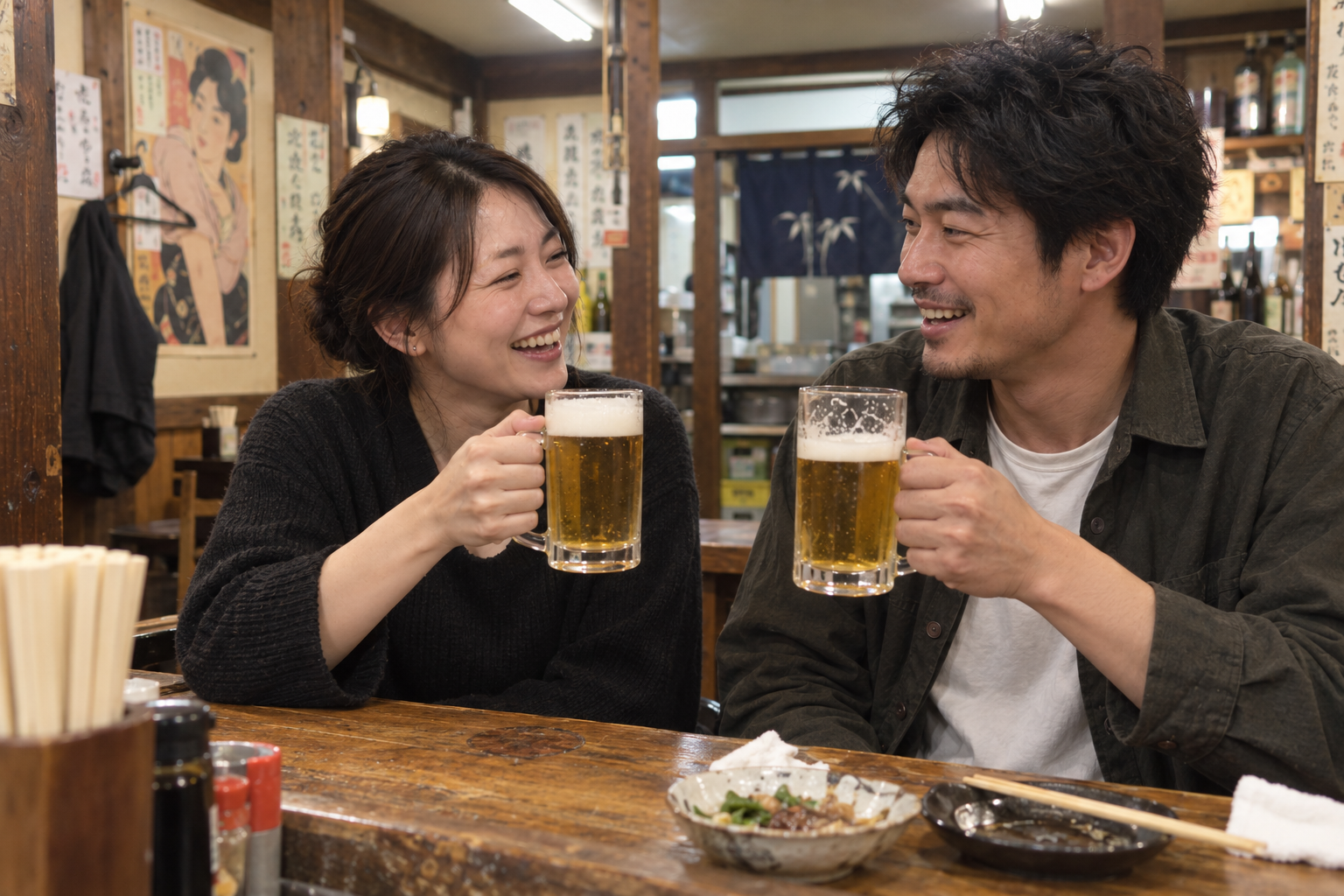 カウンターで会話を楽しみながらビールを飲む二人