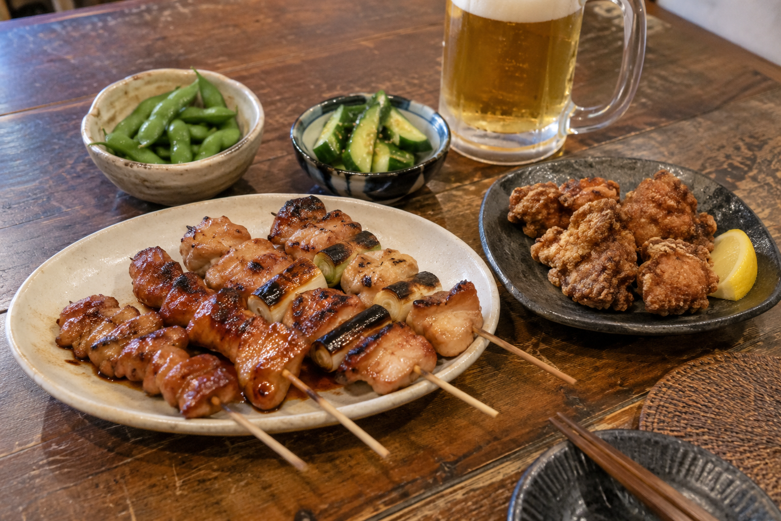 焼き鳥、唐揚げ、枝豆とビールを囲む食卓