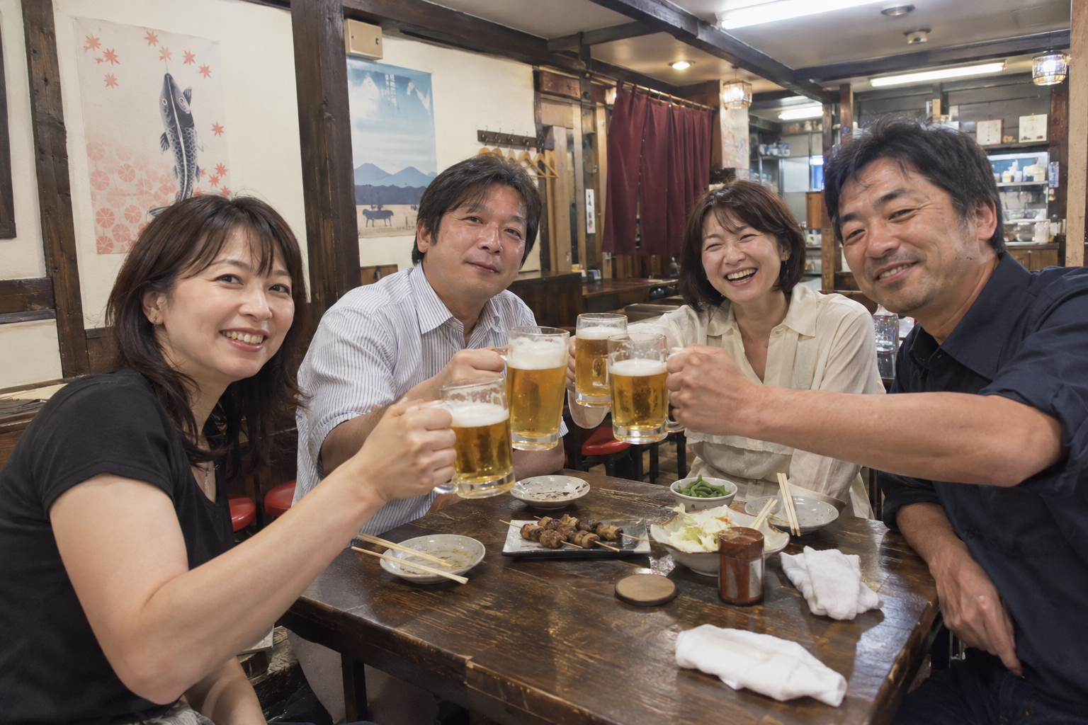テーブルを囲み、四人で乾杯する様子