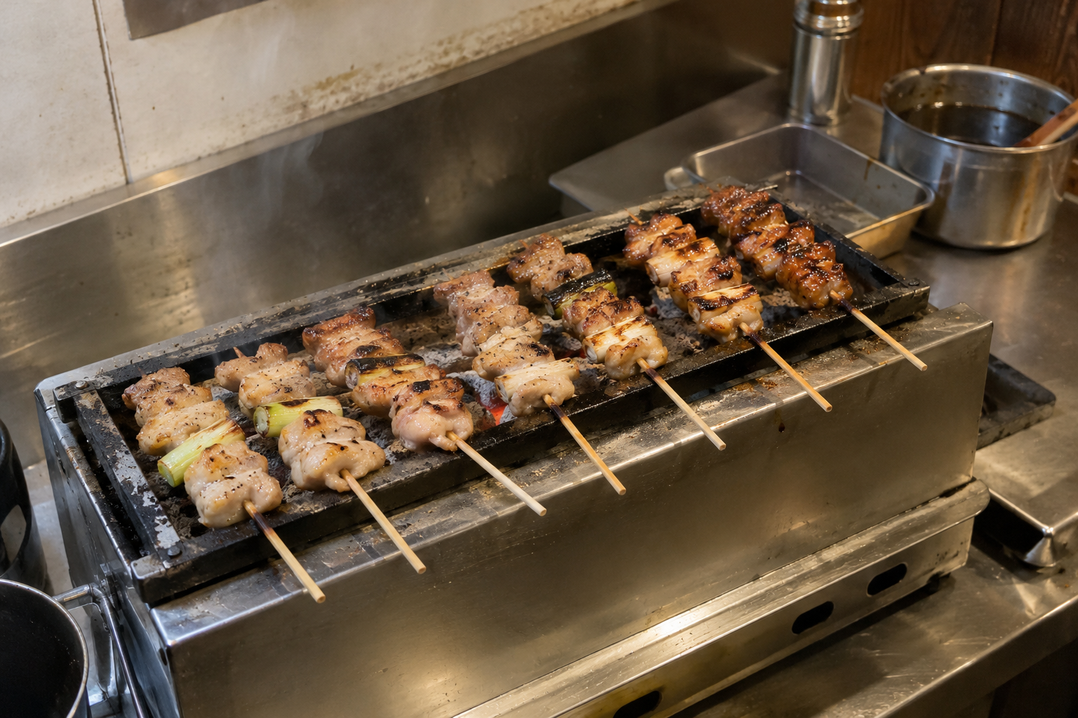 焼き場で、焼き色を見ながら仕上げる串