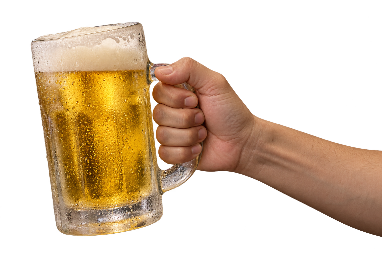 冷たい生ビールのジョッキを手で持ち、乾杯へ掲げる様子