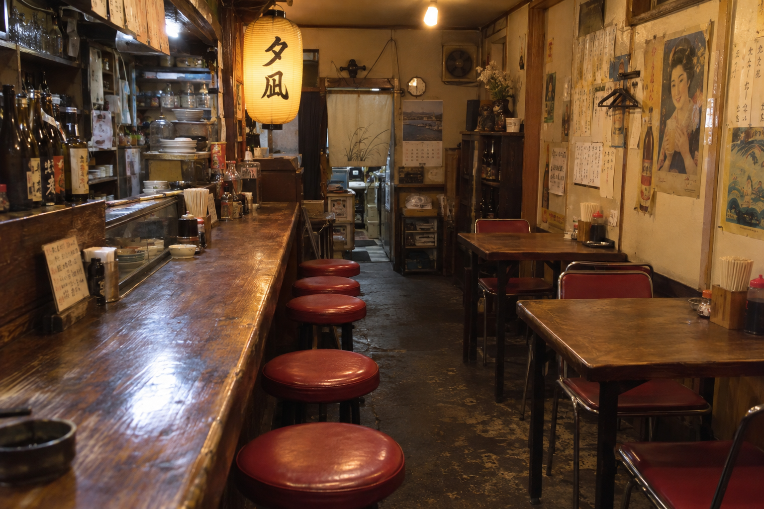 古いポスターや瓶が並ぶ、年季のある夕凪の店内